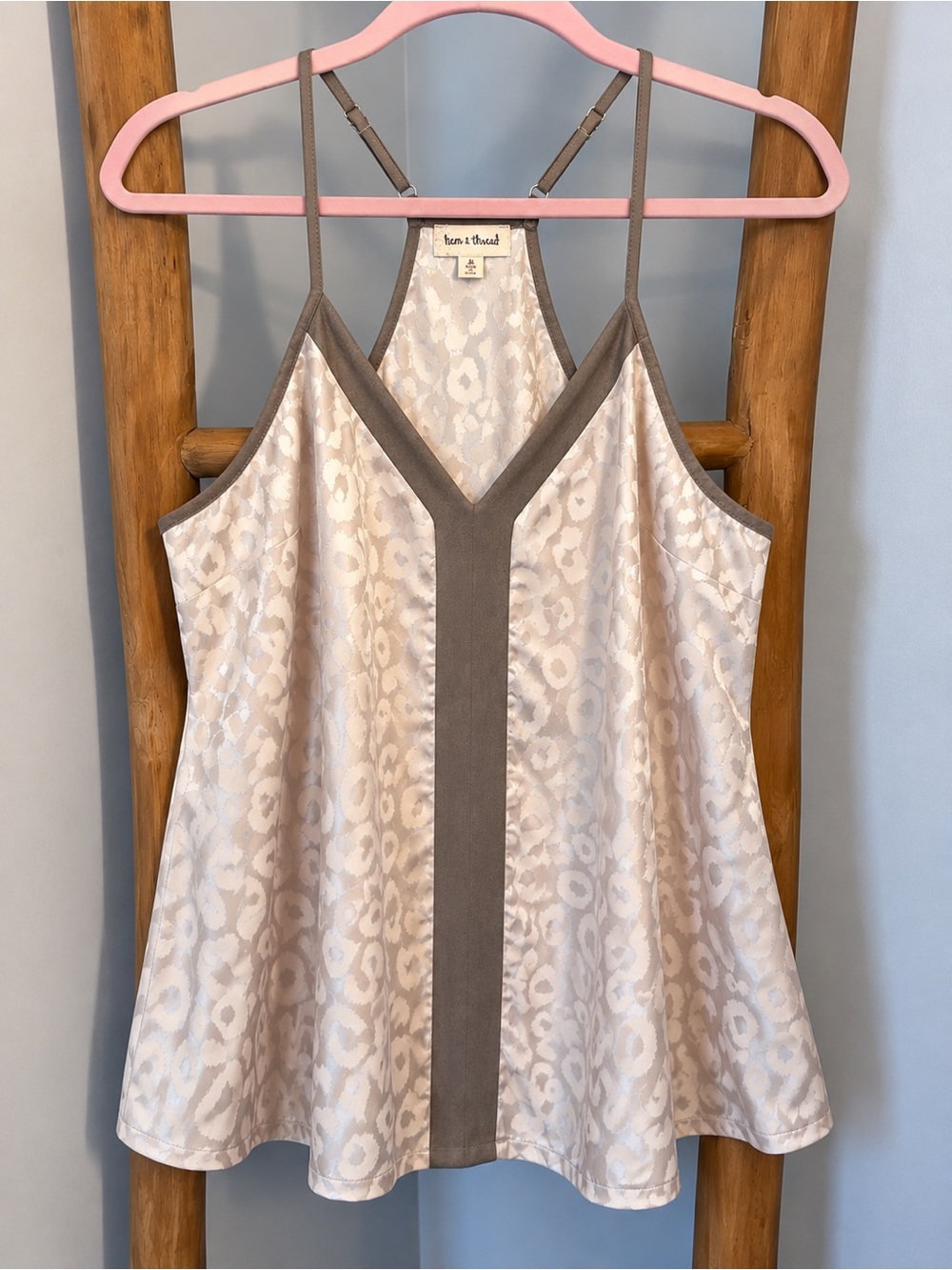 Hem & Thread Cream Leopard Jacquard Camisole with Taupe Suede Trim
